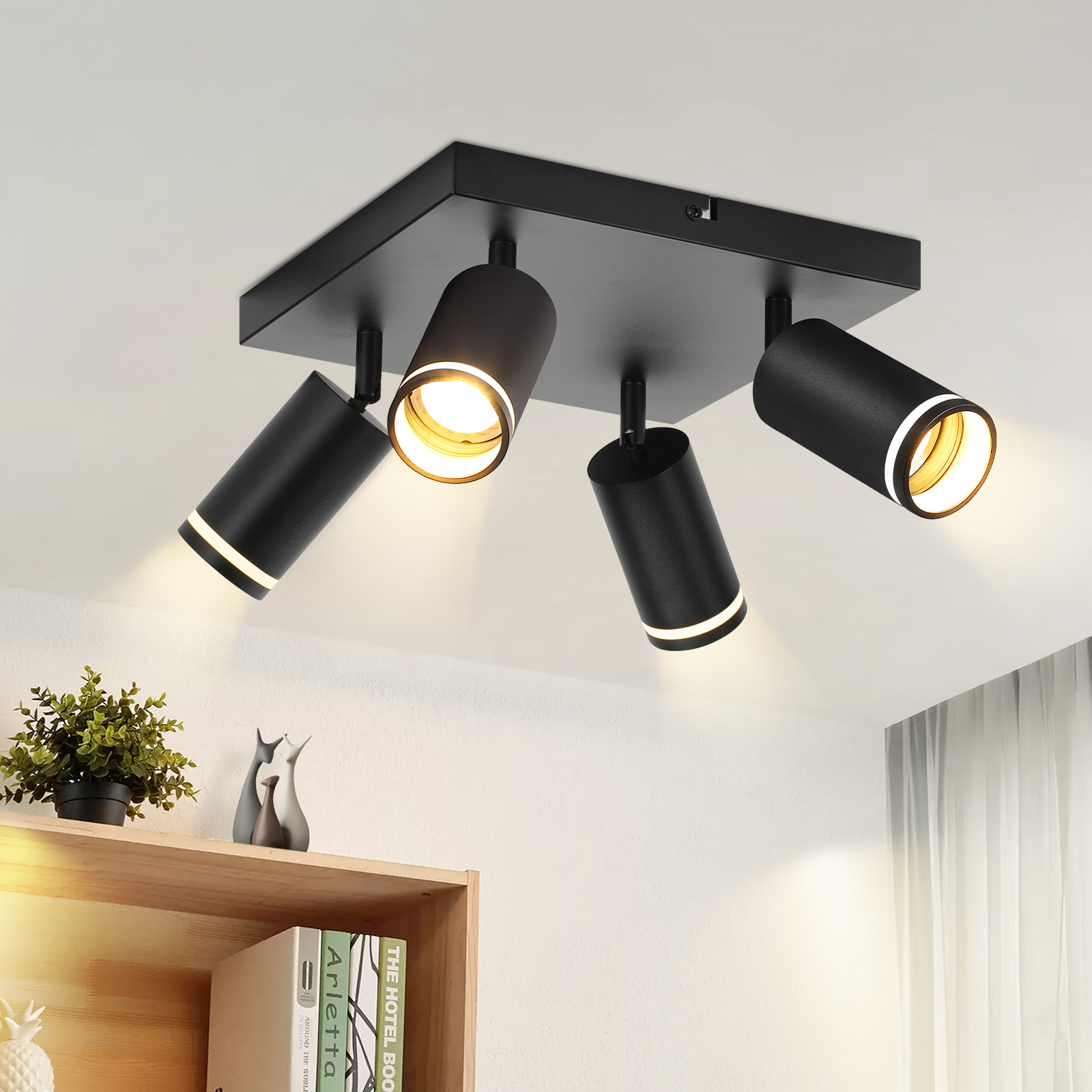 NETTLIFE Svart takspotlight, 4 ljuskällor, modern GU10-spotlight, justerbar metallspotlight för inomhusbruk