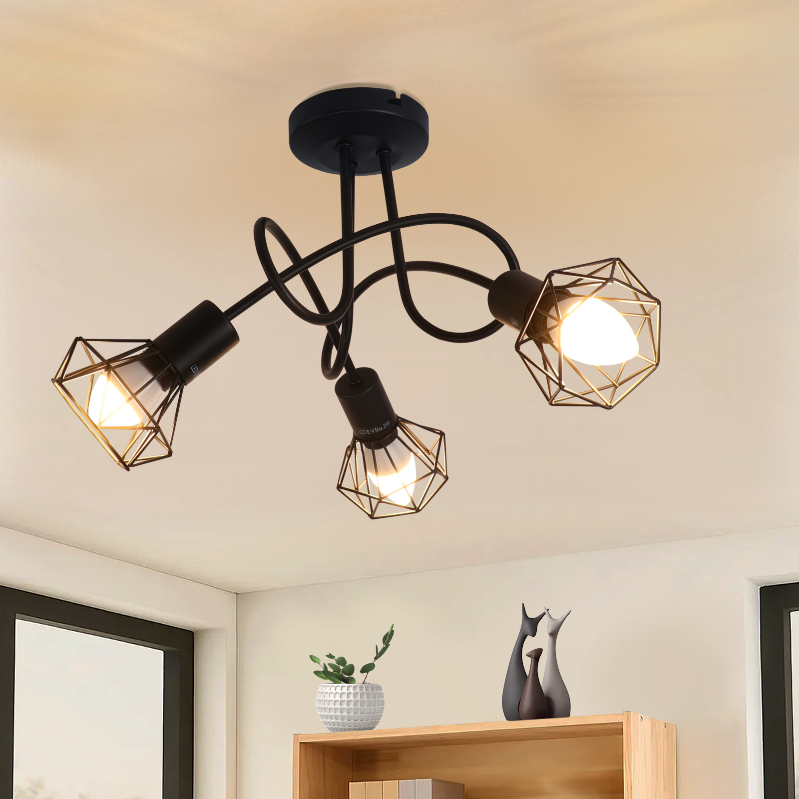 NETTLIFE LED-takspotlight, 3 ljuskällor, svart, vintagestil, justerbar, 350°, för industriellt bruk, E14
