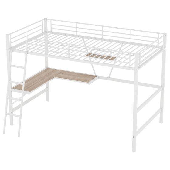 Högsäng 90 x 200 cm, vit, L-formad skrivbord + hyllor