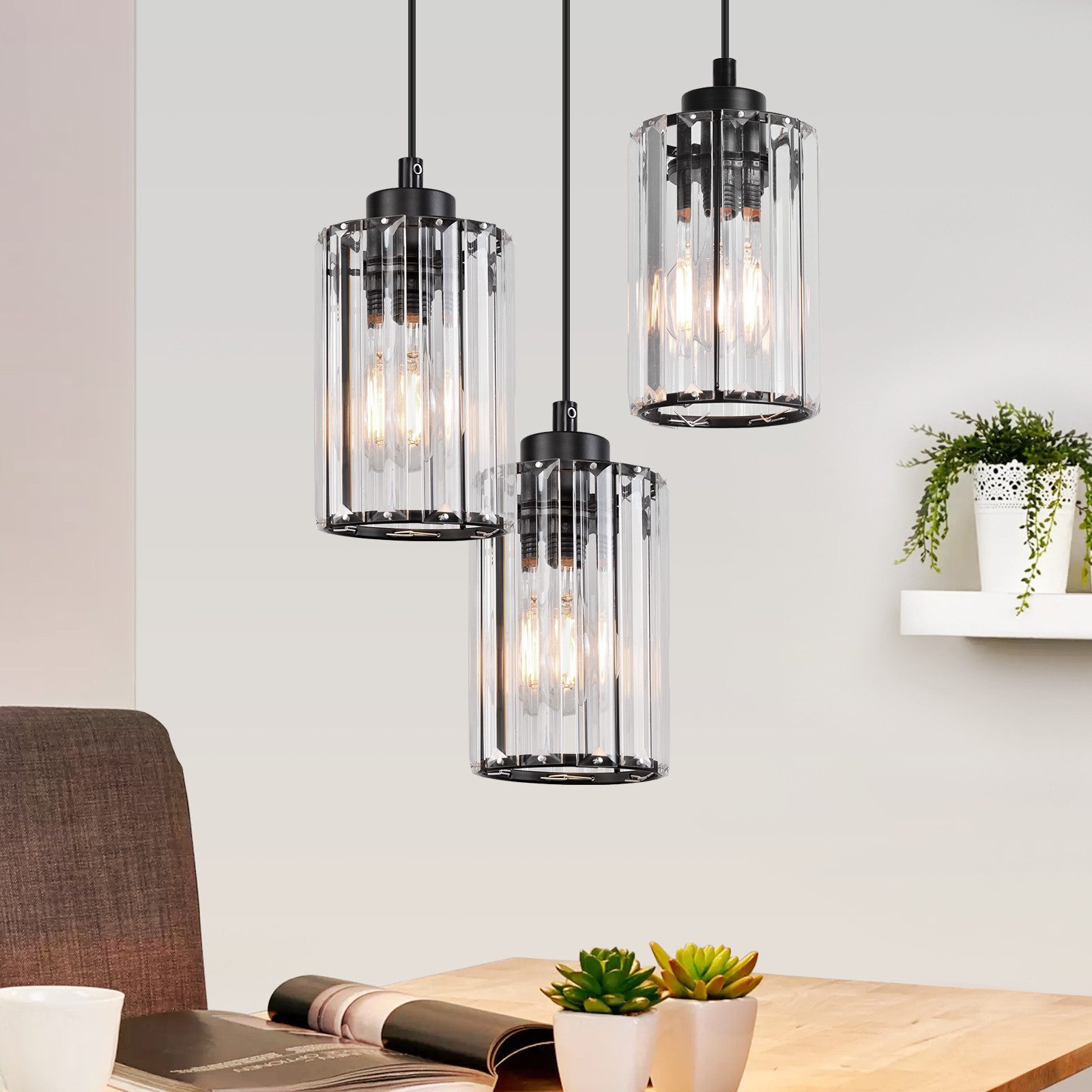 NETTLIFE modern svart kristallpendellampa för matbord, 3 lågor, E27