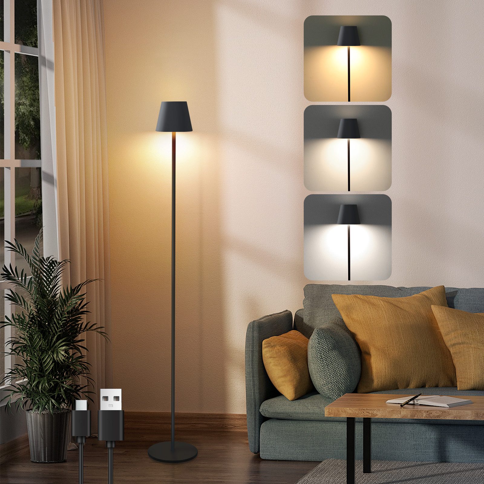 NETTLIFE LED-golvlampa svart modern dimbar 125 cm 3 färgtemperaturer USB för vardagsrum