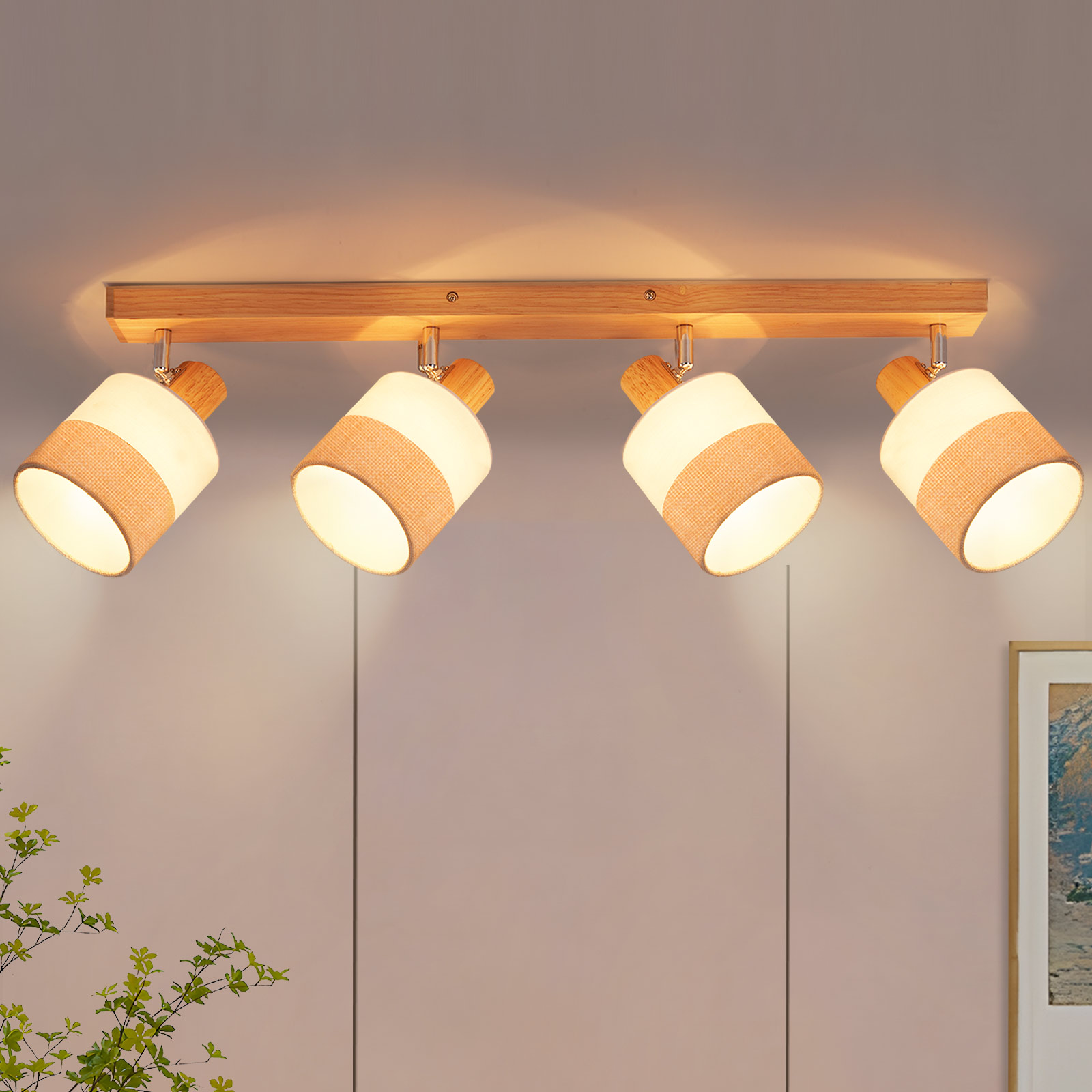 NETTLIFE Takspotlight i trä med fyra lågor – vintage E14-taklampa med retro tygskärm, justerbar 350°