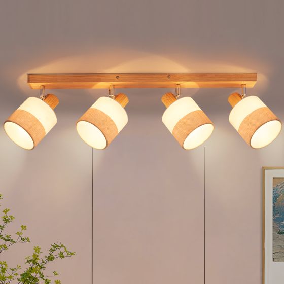 NETTLIFE Takspotlight i trä med fyra lågor – vintage E14-taklampa med retro tygskärm, justerbar 350°