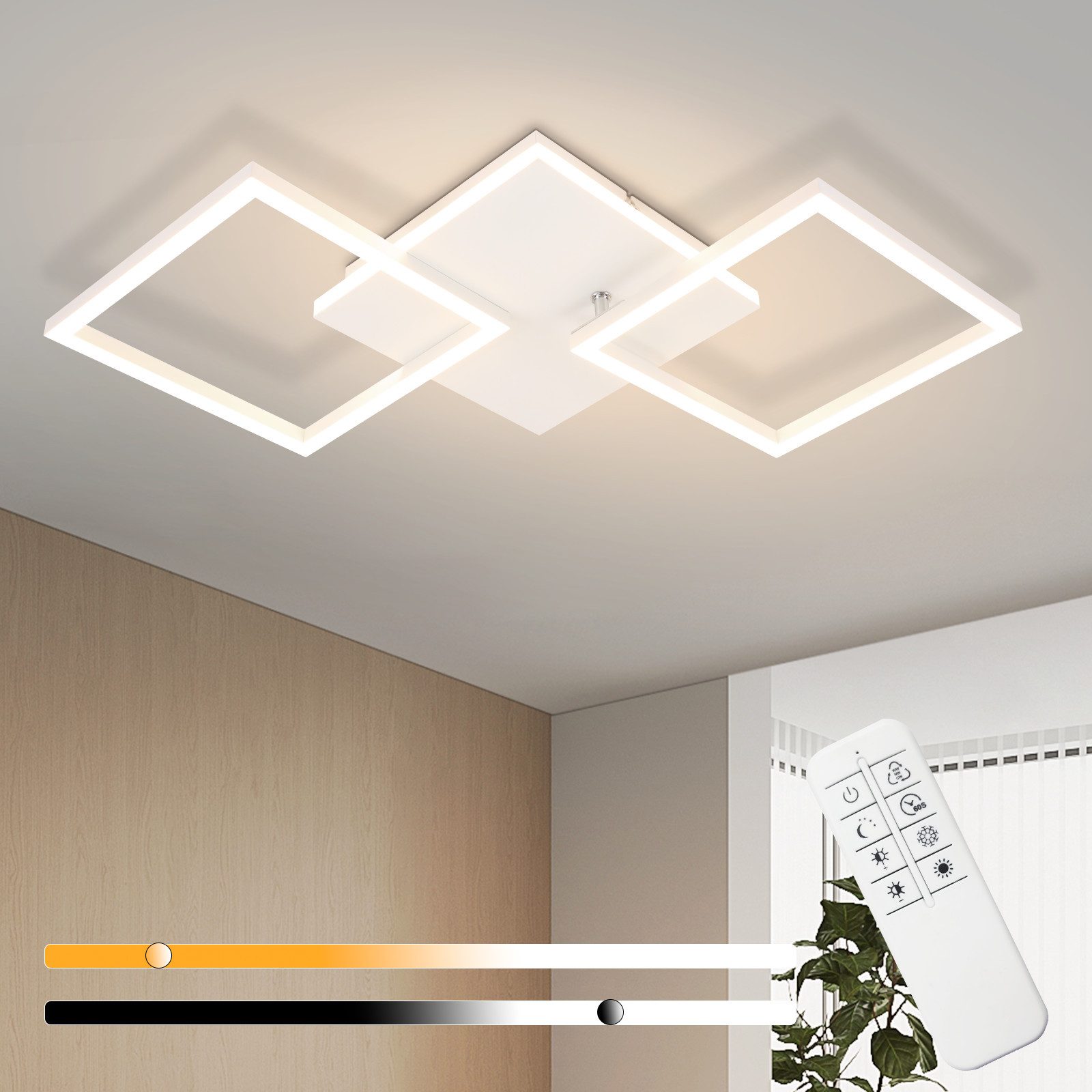NETTLIFE LED-taklampa för vardagsrum, vit, dimbar, fyrkantig, modern, 32 W, med fjärrkontroll