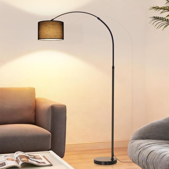 NETTLIFE Kaari golvlampa, svart järnfot, tygskärm Ø30 cm, marmorfot Ø26 cm, höjd 181 cm, utan ljuskälla