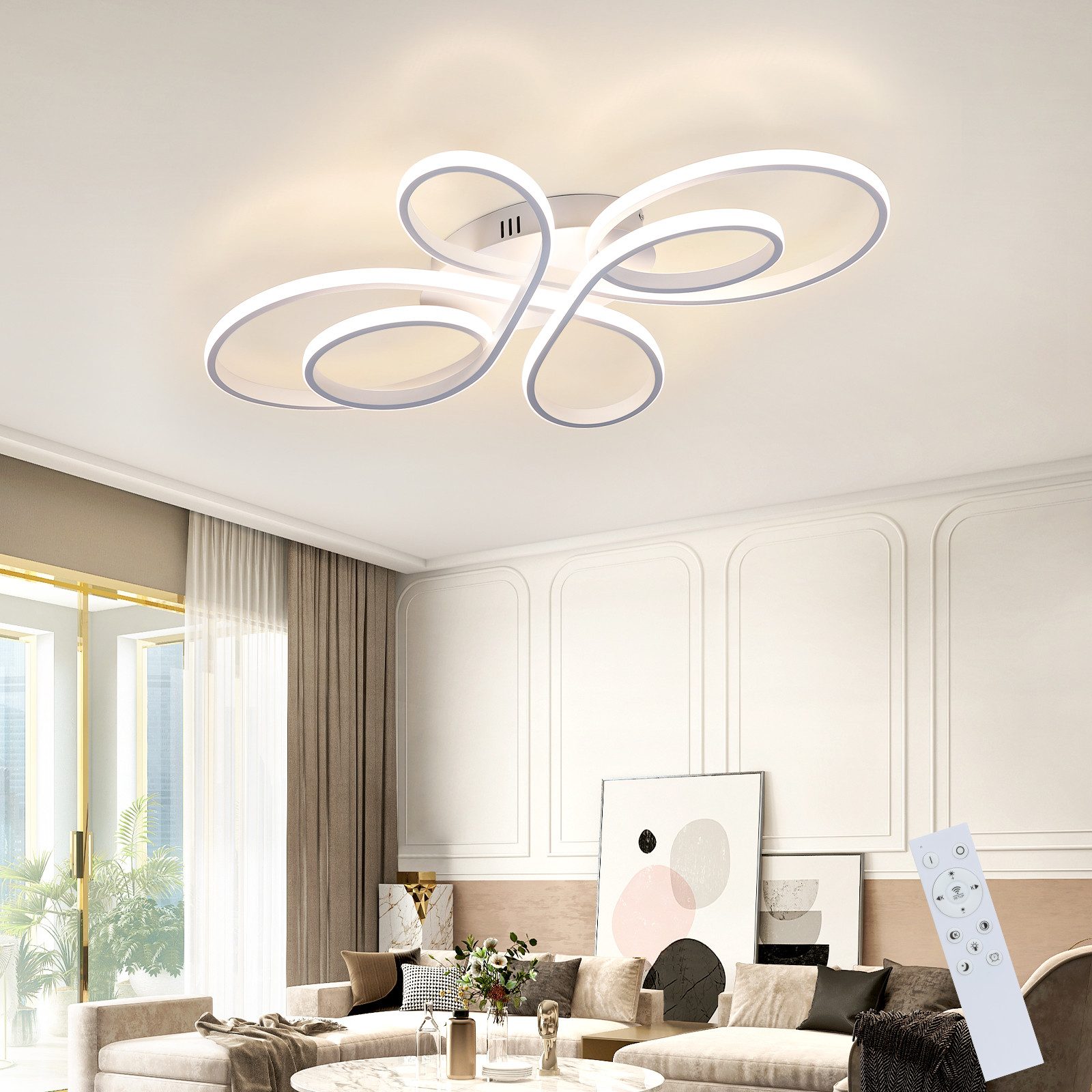 NETTLIFE dimbar, LED-taklampa, 66 cm, modern vit, 65W, sovrumslampa med fjärrkontroll, stor, för vardagsrum