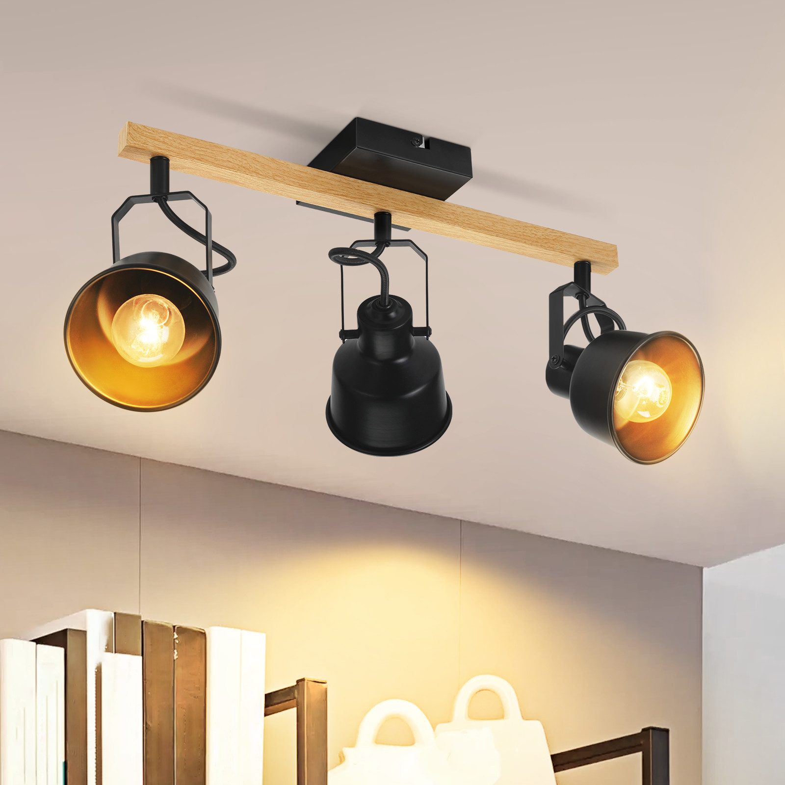 NETTLIFE Takspotlight med 3 lågor, 350° justerbar, vintage E14, högkvalitativ design med träådringsmönster