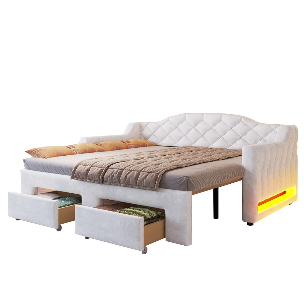 Dagbädd 90x200–180x200 cm med två lådor och LED-belysning, vit