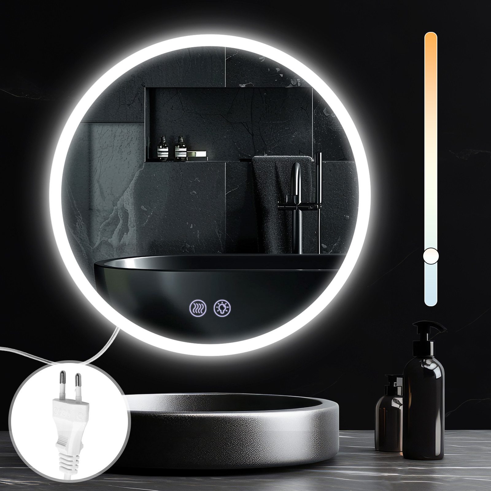 NETTLIFE Spegel rund med LED-belysning - väggspegel, IP44 rund, 70 cm med belyst touchspegelfunktion och dimbar belysning