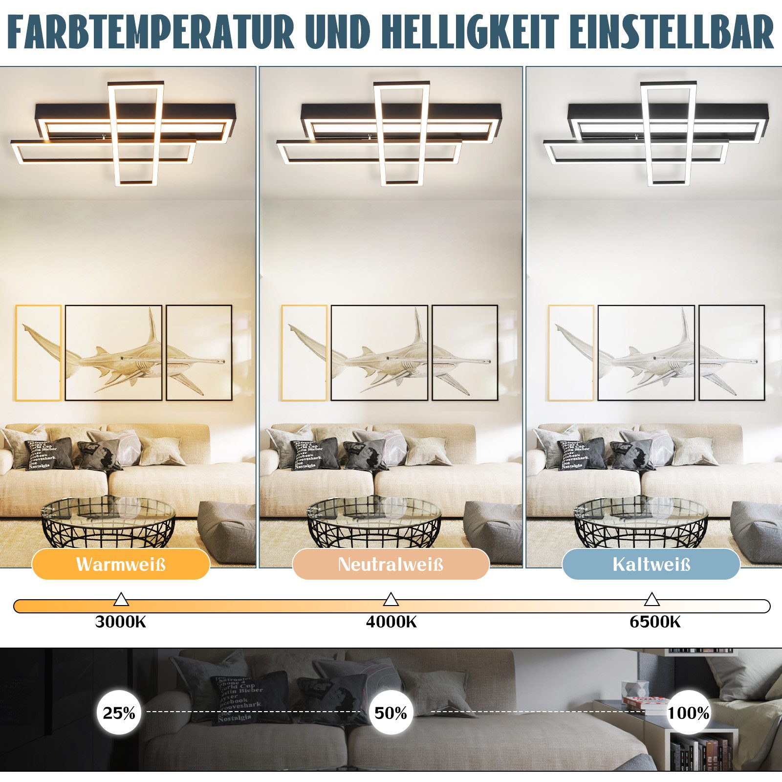 NETTLIFE LED - taklampa för vardagsrummet, svart, rektangulär, dimbar, modern design