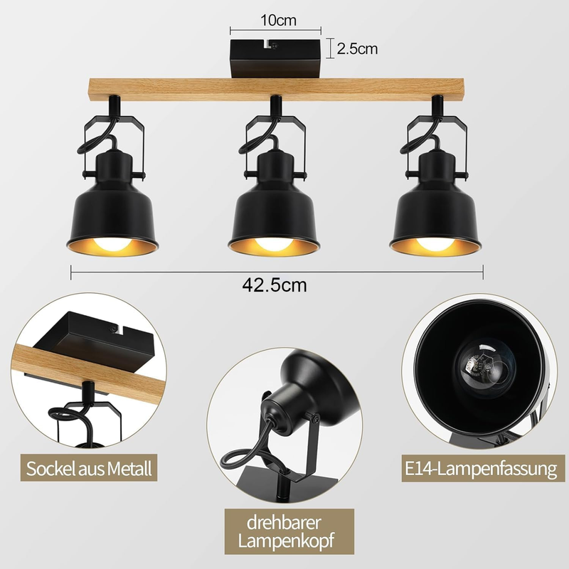 NETTLIFE Takspotlight med 3 lågor, 350° justerbar, vintage E14, högkvalitativ design med träådringsmönster