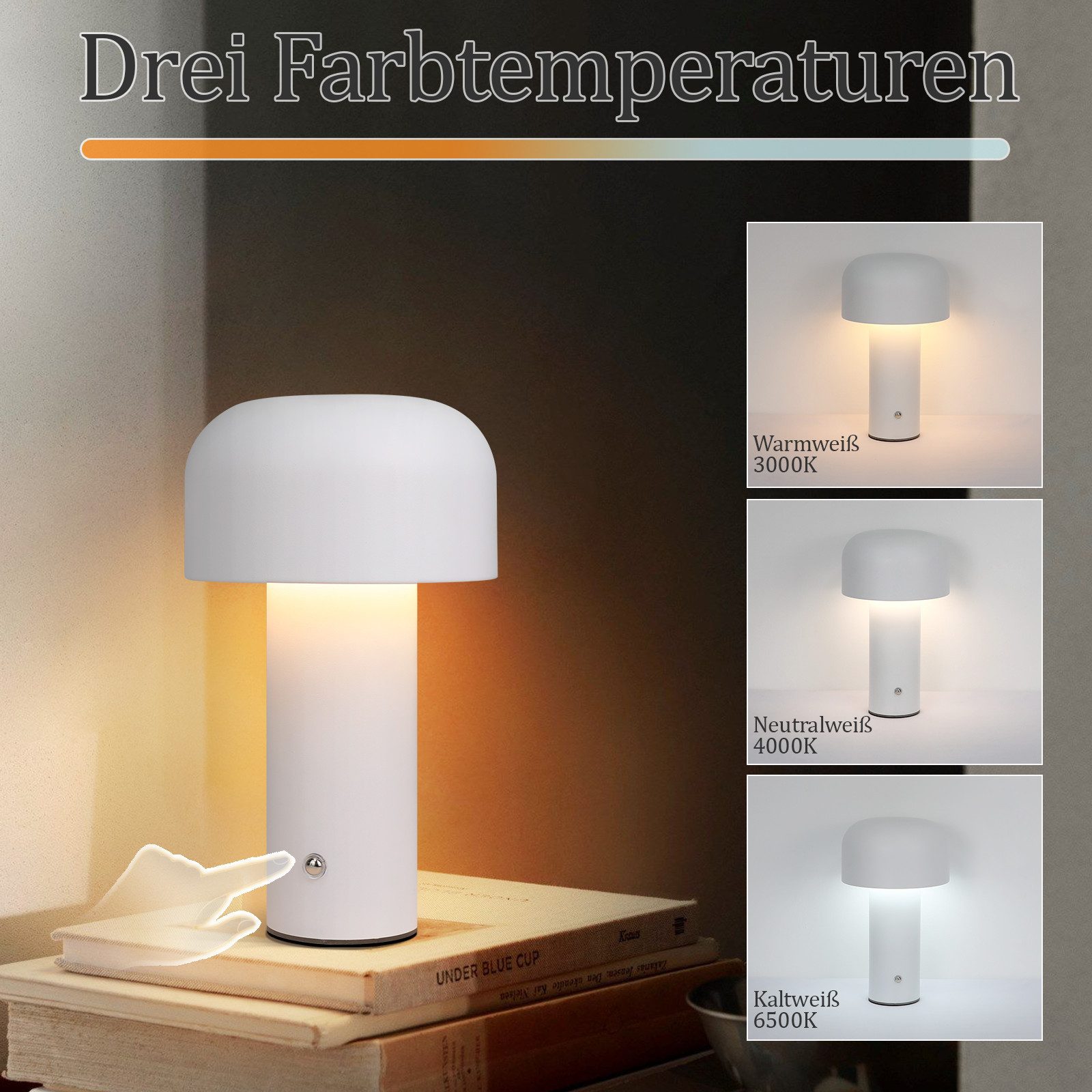 NETTLIFE 2W Dimbar Batteridriven Sladdlös LED Bordslampa, Sängbordslampa för Sovrum, Liten Svamplampa