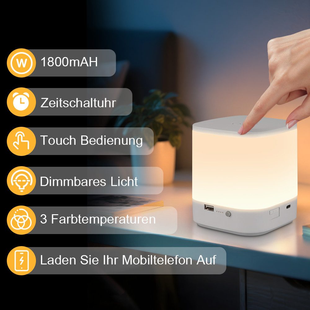 NETTLIFE 1800mAh batteridriven LED-bordslampa, dimbar med touchfunktion 3000-6500K USB, 3 färgtemperaturer och timerfunktion, nattlampa