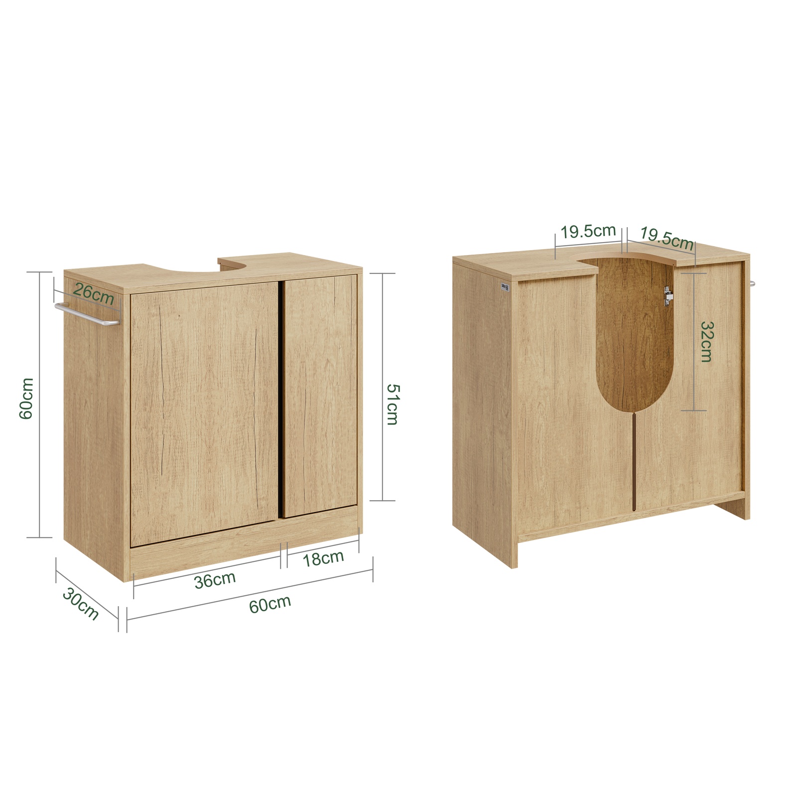 Badrumsskåp under tvättställ med U-format urtag, ljust trä, 60x30x60 cm, BZR235-N