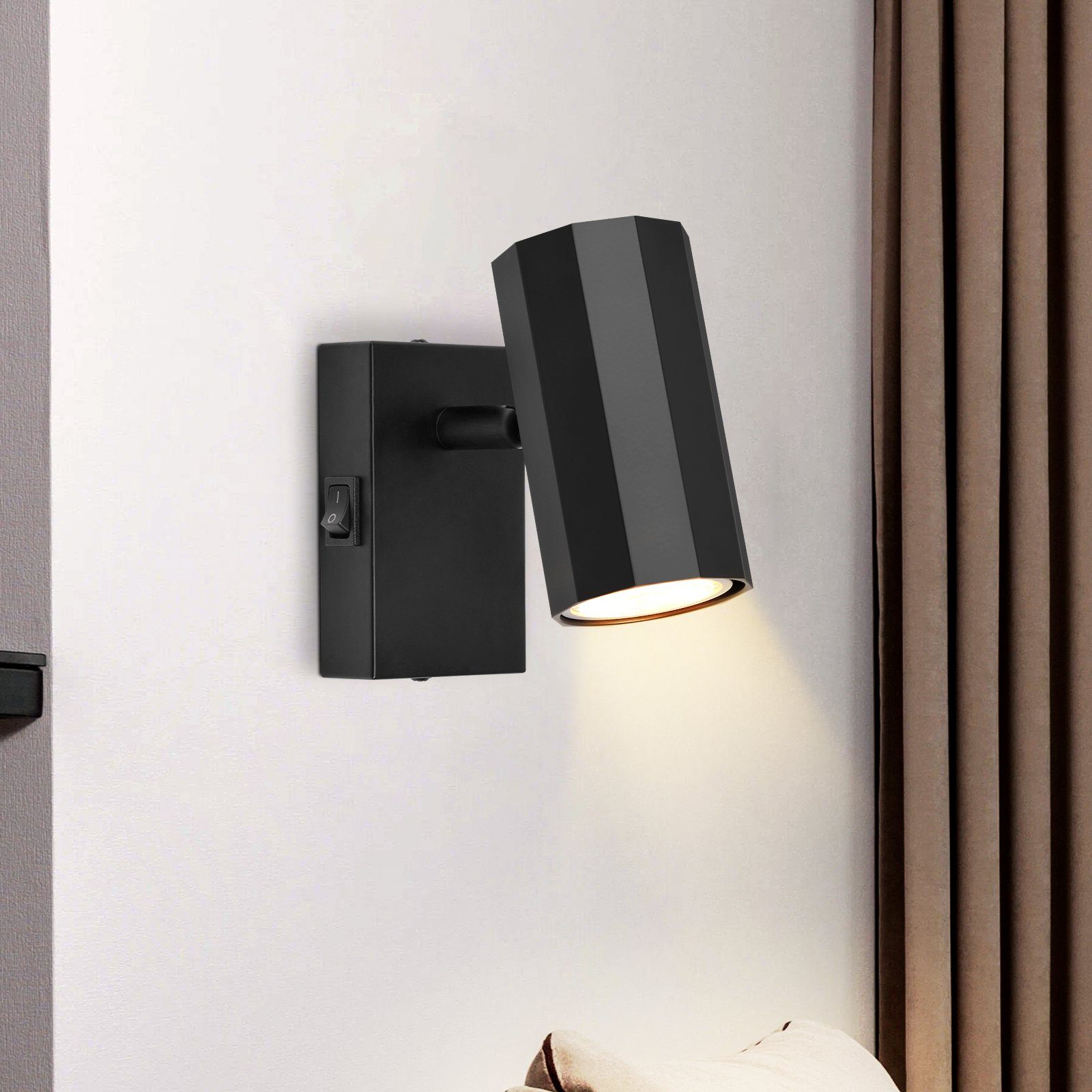 NETTLIFE 1-lågig svart väggspotlight - Vägglampa med metallströmbrytare GU10 korridorlampa, justerbar 350°, max. 40W
