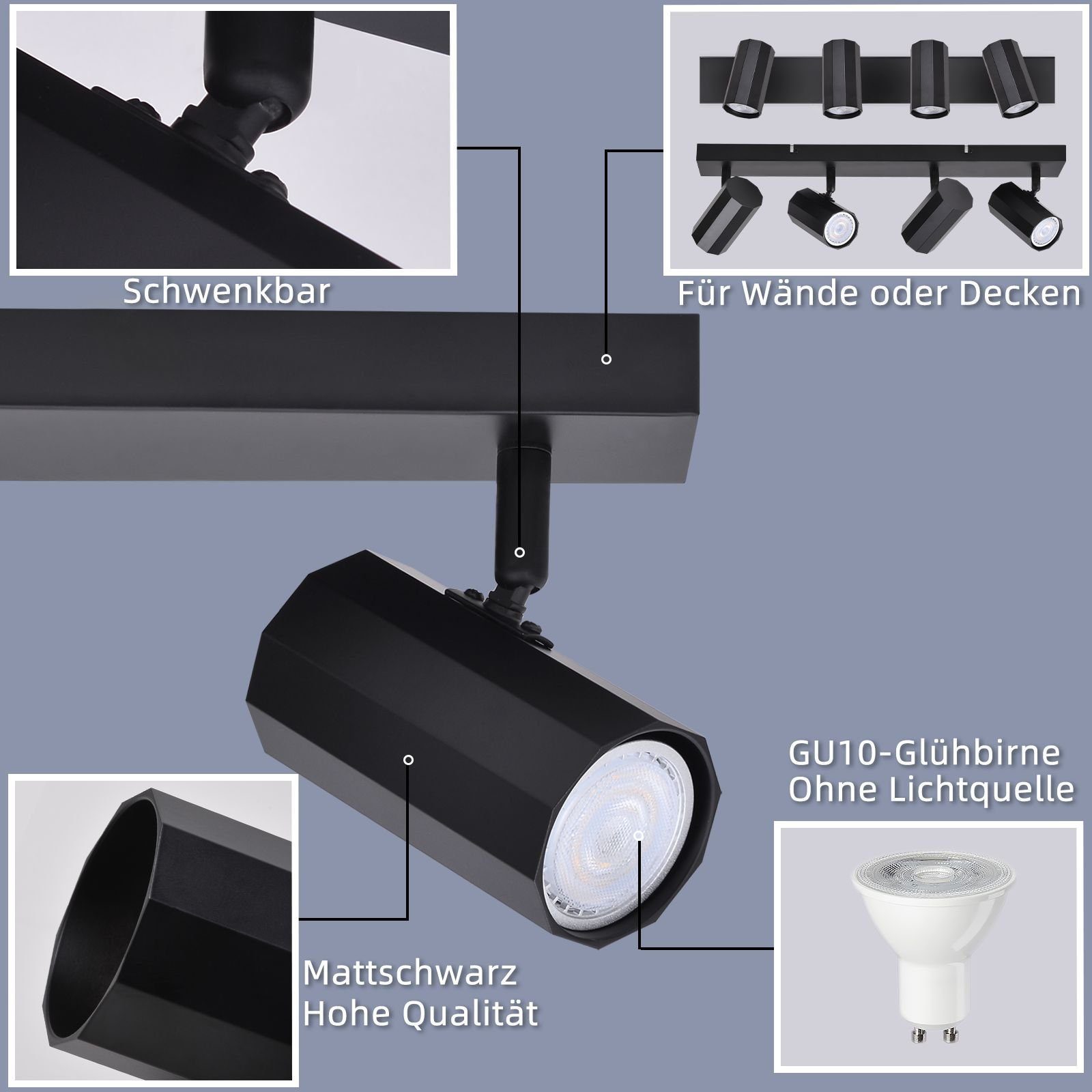 NETTLIFE 4 svarta GU10-takspotlights, 350° roterbara, vintage - metall, MAX. 25 W, för kök, matplats