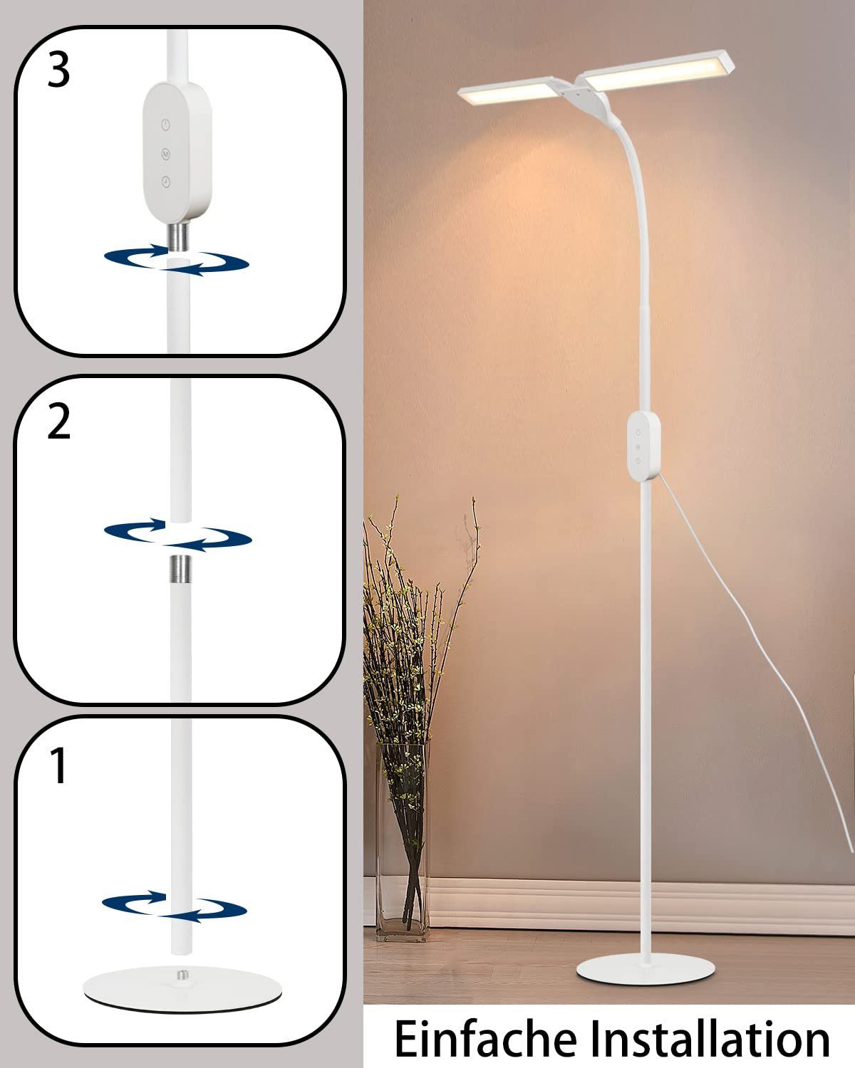 NETTLIFE 158 cm salongslampa LED – Dimbar, justerbar, modern touch-strömbrytare, 9 W, med timer och minnesfunktion