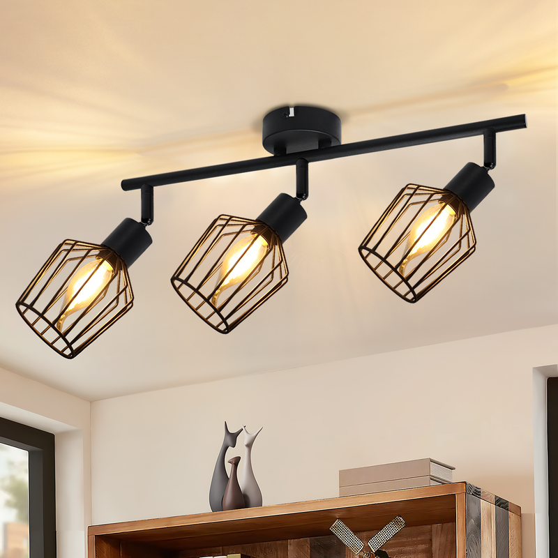 NETTLIFE 3 takspotlights E14 - Metallisk, 350° roterbar industriell halllampa, vägglampa för hall/vardagsrum, svart