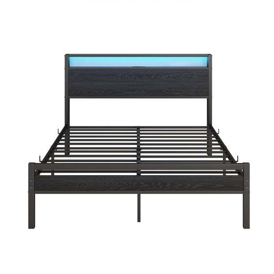 säng 120x200 cm svart metall och MDF med förvaringsutrymme LED-belysning och USB-laddning