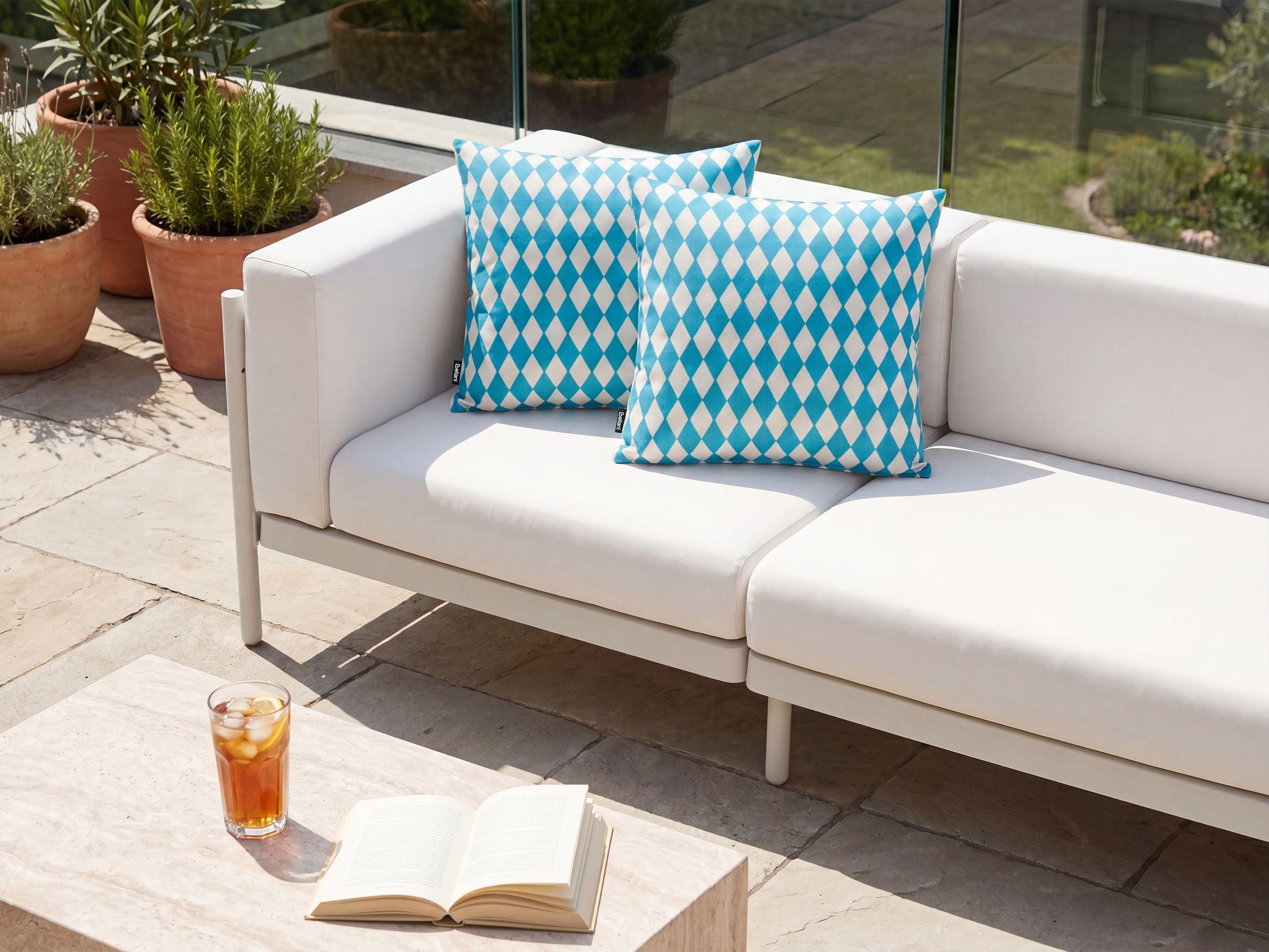 Set med 2 utomhusdynor GREVILLEA Rutigt tryck 45 x 45 cm Turkos