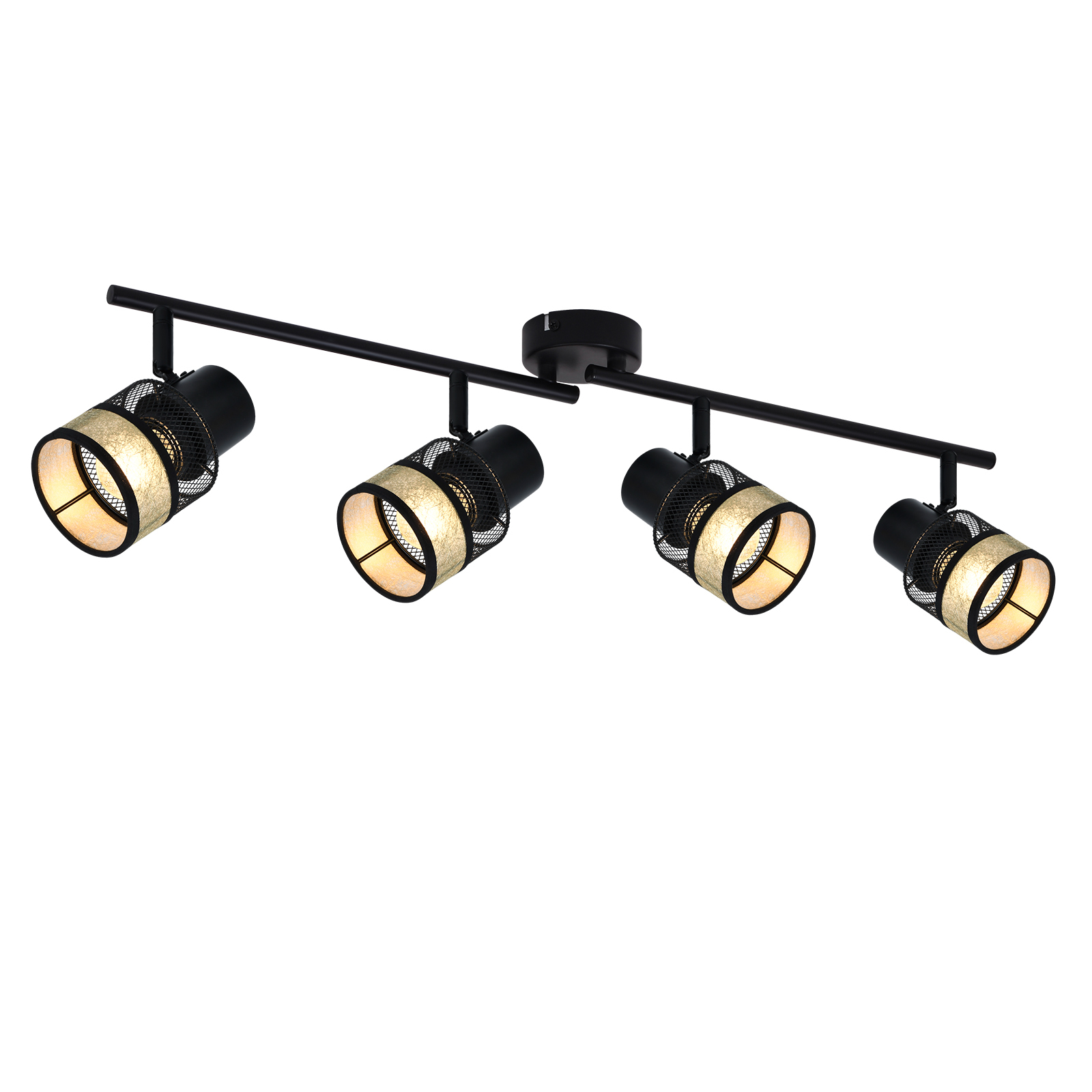 NETTLIFE - taklampa, 4 metallspotlights, E27, max. 25 W, vintage - svart, 330°, guldfärgad tygskärm