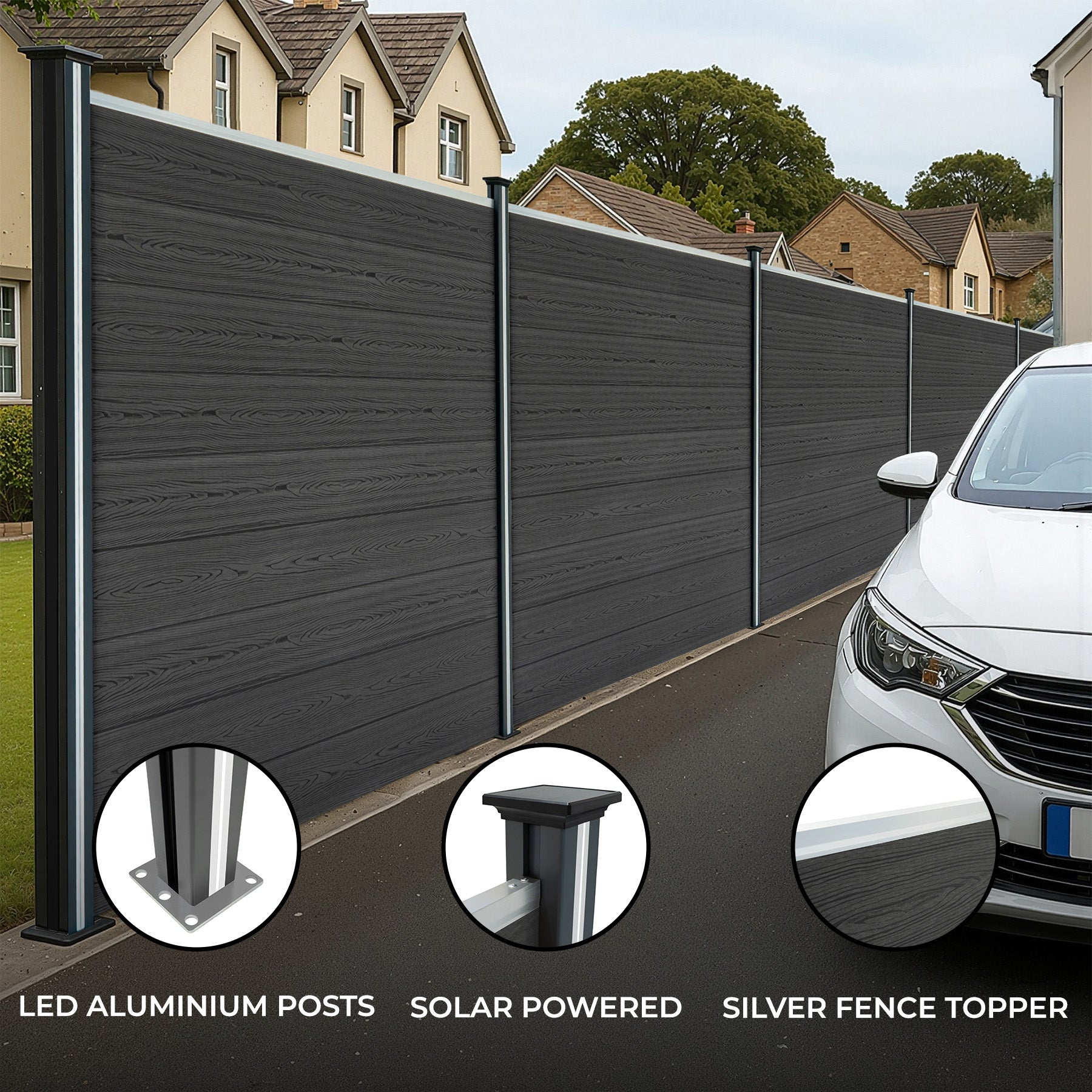 Kompositstaketpanel och LED-stolpar 1,8 m x 1,8 m - grå