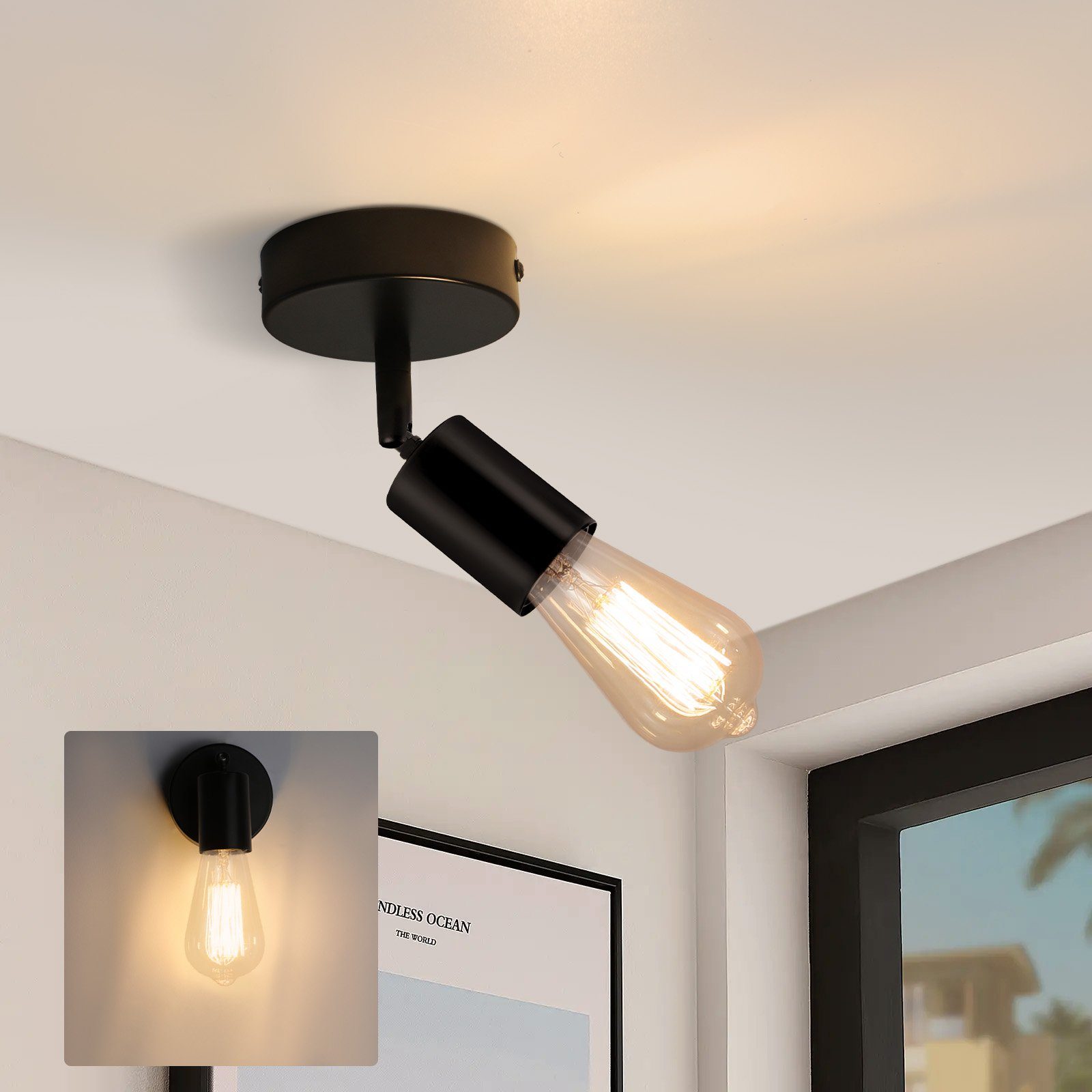 NETTLIFE Spot E27 svart vintage - vägglampa 350° vridbar kökslampa för vardagsrum, sovrum Max. 40W