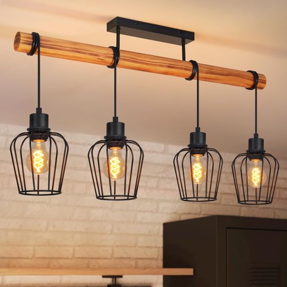 NETTLIFE Vintage taklampa i trä och svart metall, industriell lampa 4xE27 för vardagsrum, kök och matsal (utan glödlampor)