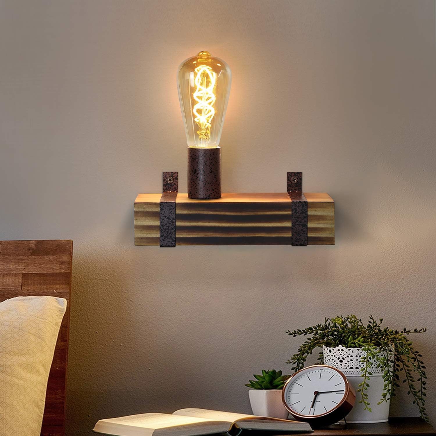 NETTLIFE Vintage - vägglampa, E27 Retro, Trävägglampa, 23 CM, Industriell design, Väggspotlight med sockel, Max 40W, För vardagsrum