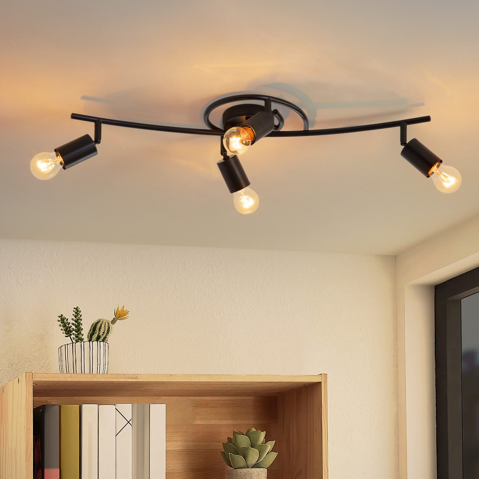 NETTLIFE Vintage svart takspotlight 4 lågor E27 350° vridbar industriellt bruk roterande
