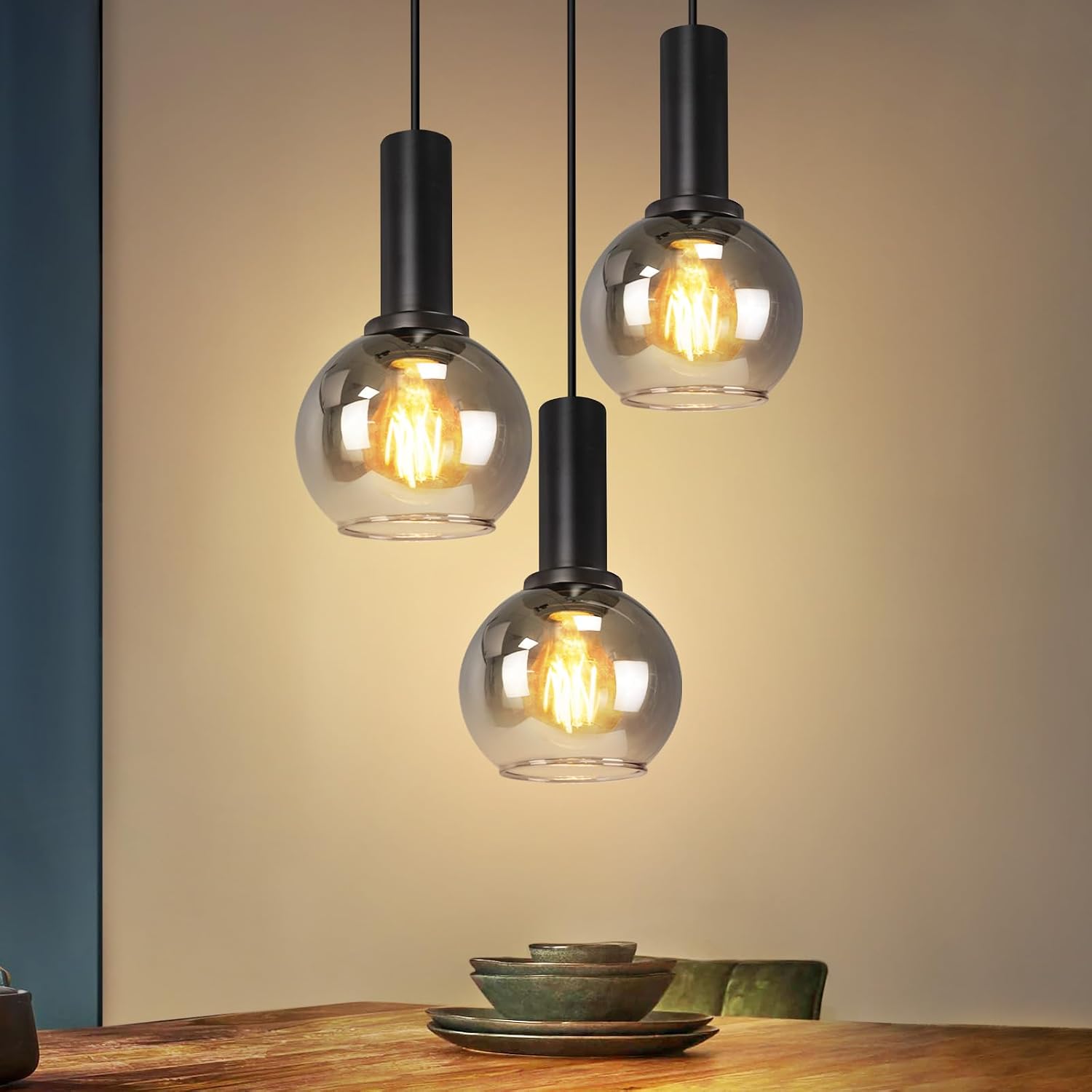 NETTLIFE pendellampa för matbord, vintage-stil 3-lågig glaspendellampa, E27