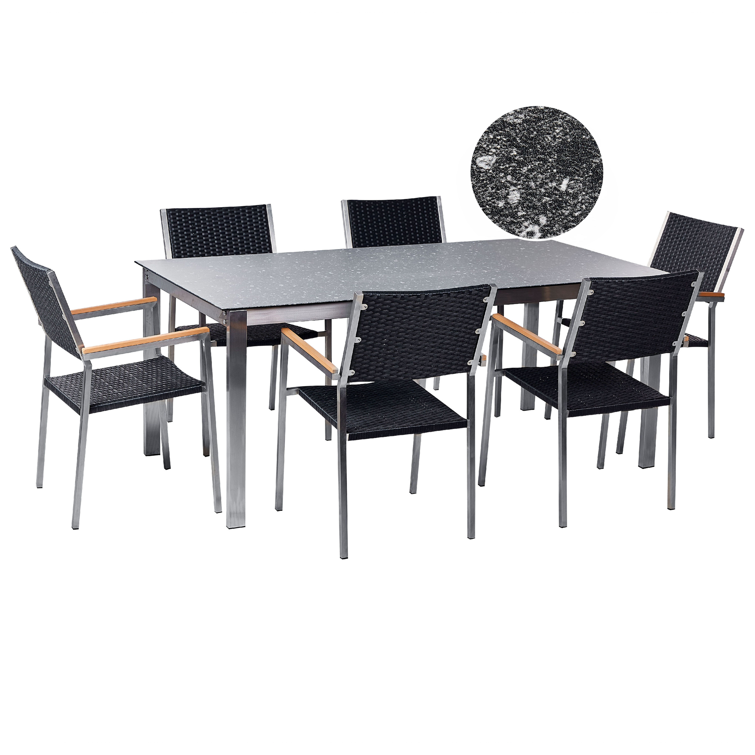 Trädgårdsmatgrupp 6-sits COSOLETO/GROSSETO Härdat glas Graniteffekt Svart