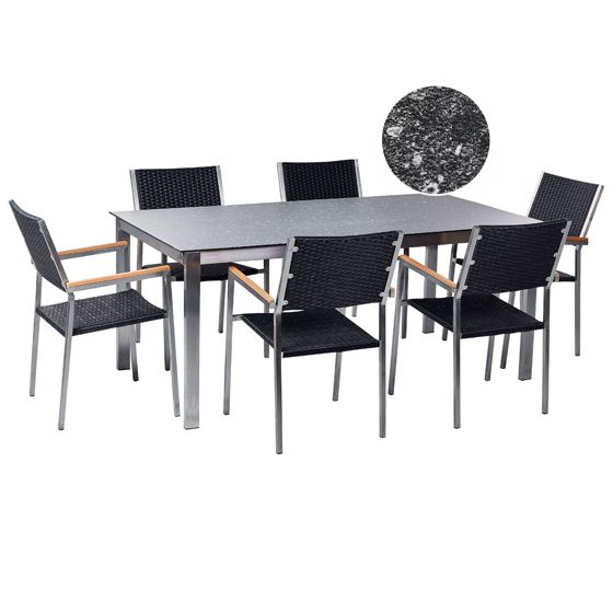 Trädgårdsmatgrupp 6-sits COSOLETO/GROSSETO Härdat glas Graniteffekt Svart