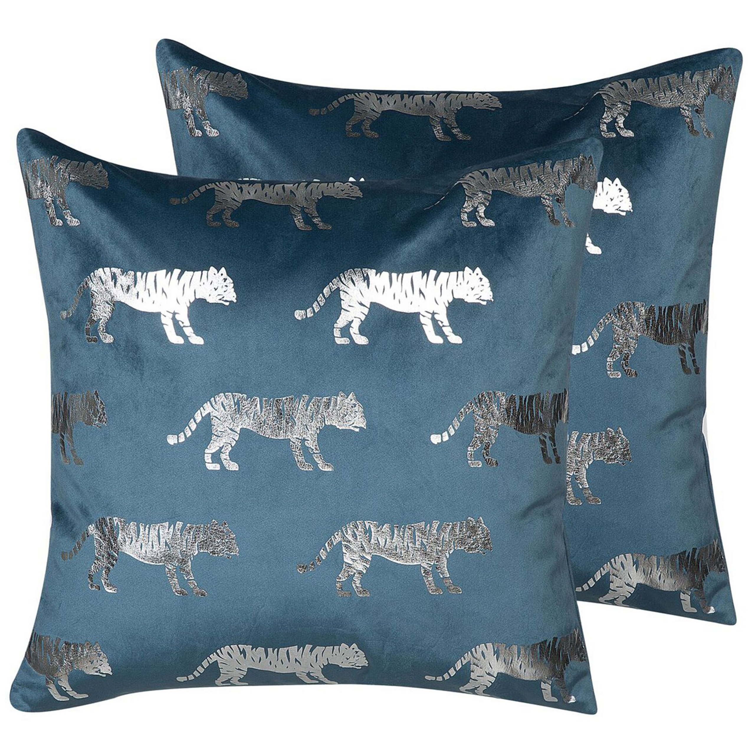 Set med 2 prydnadskuddar BLUEBELL 45 x 45 cm Sammet Blå Djurtryck