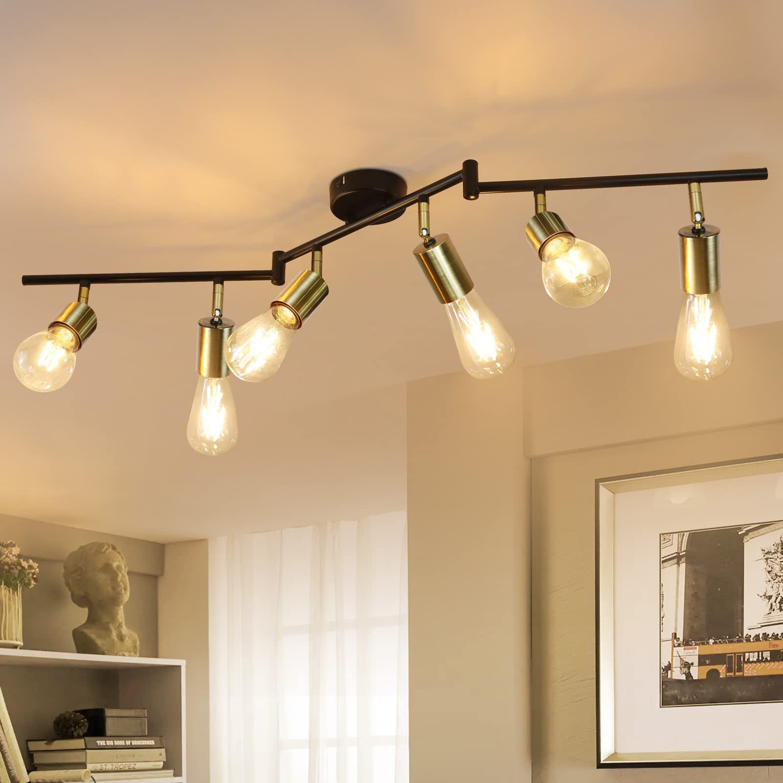 NETTLIFE Takspotlight med 6 ljuskällor, E27 retro vintage, guldfärgad metall, vridbar taklampa för sovrum, 25 W (glödlampor ingår ej)