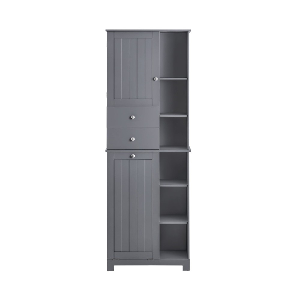 SoBuy Högt Badrumsförvaringsskåp med Tvättkorg Smal Fristående Badrumsenhet, Smalt Förvaringsskåp med Hyllor, Handduksförvaring, Grå 60x37x171 cm BZR104-DG