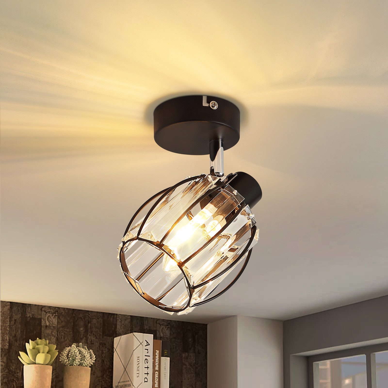 NETTLIFE Vintage svart kristall taklampa E14 för hall 350° roterbar för industriellt bruk utbytbar