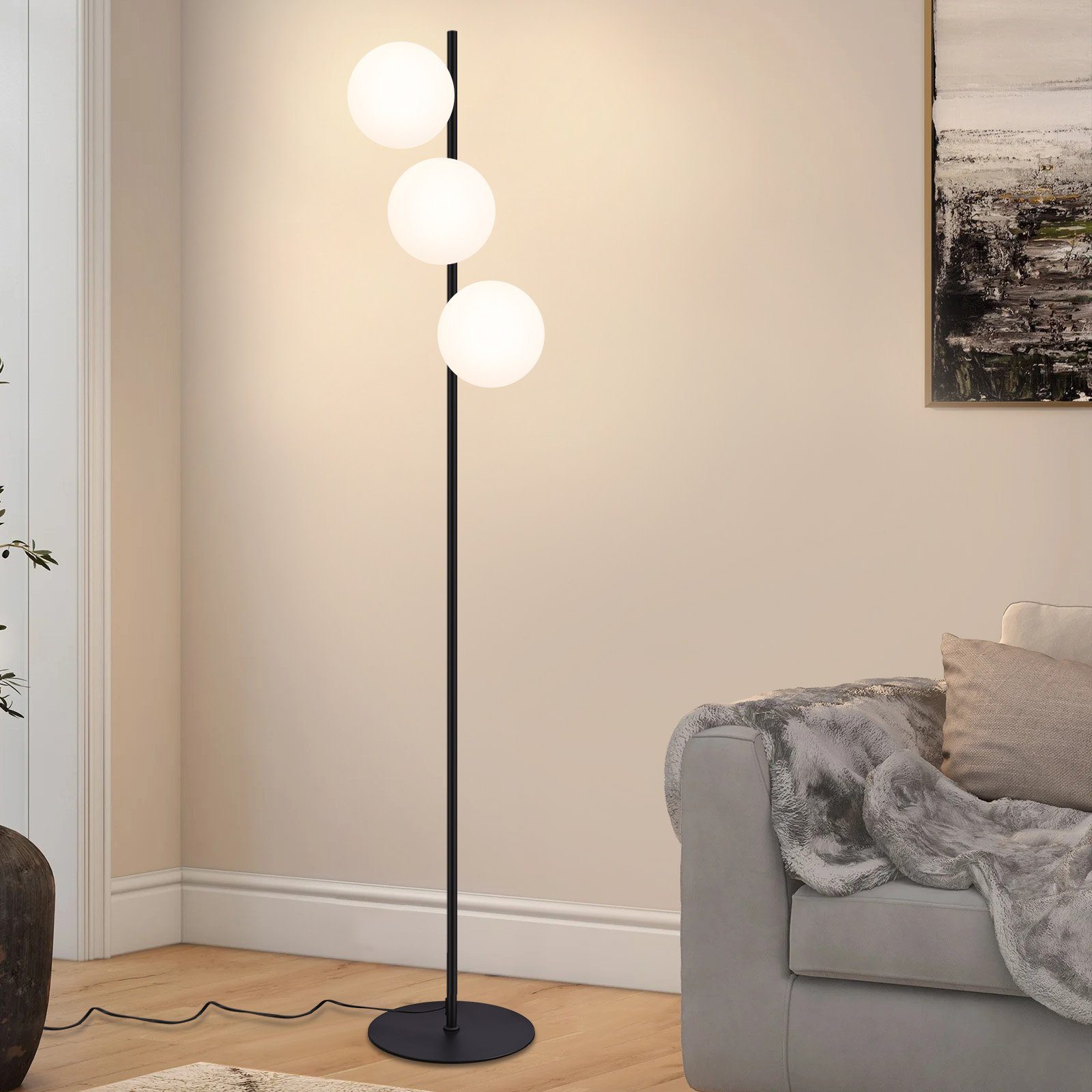 NETTLIFE Svart golvlampa, industriell vintagelampa i metall med 3 ljuskällor, glasskärmar och fotpedal för modernt vardagsrum, E27