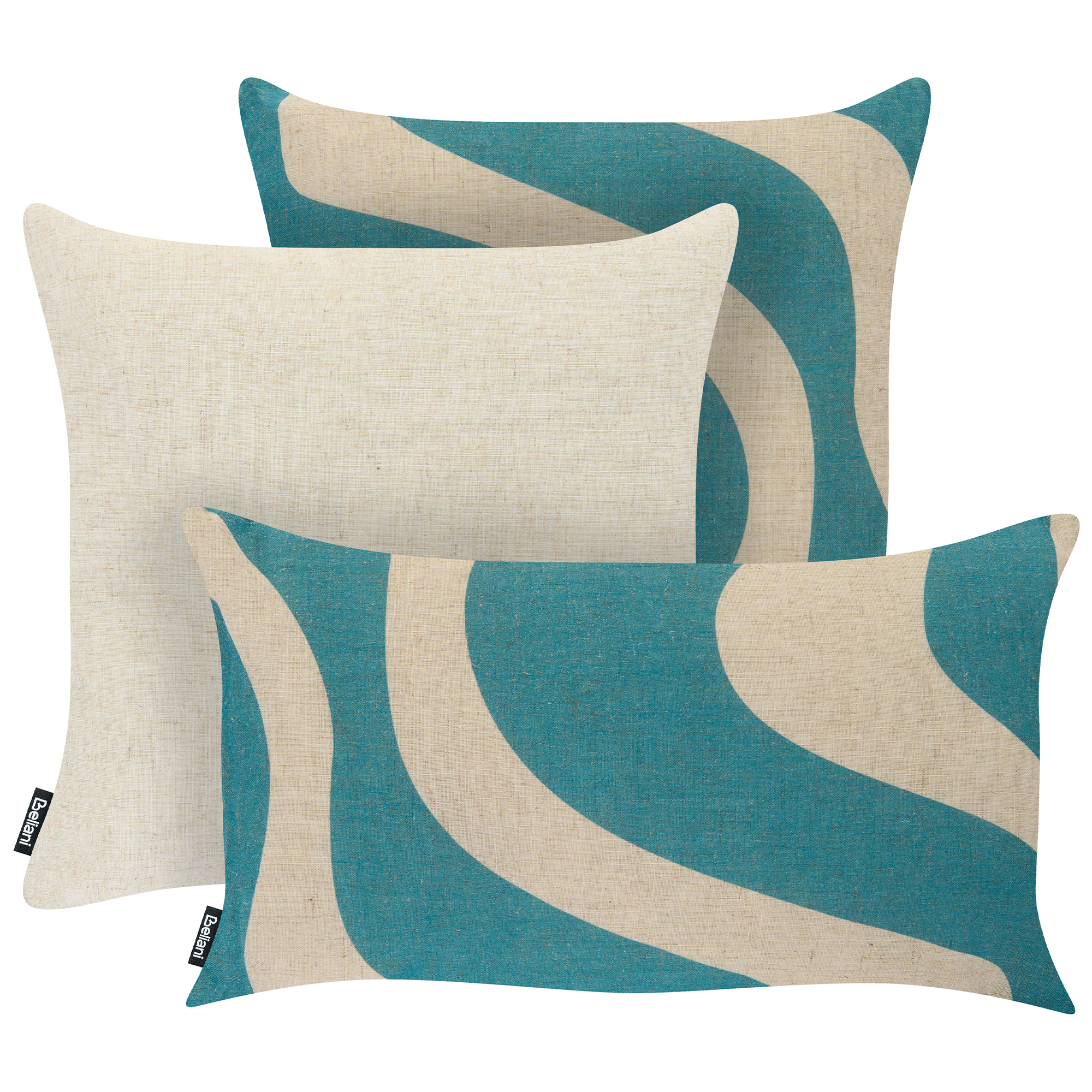 Set med 3 utomhusdynor AURINIA Abstrakt tryck 30 x 50 cm 45 x 45 cm Beige/ Blå