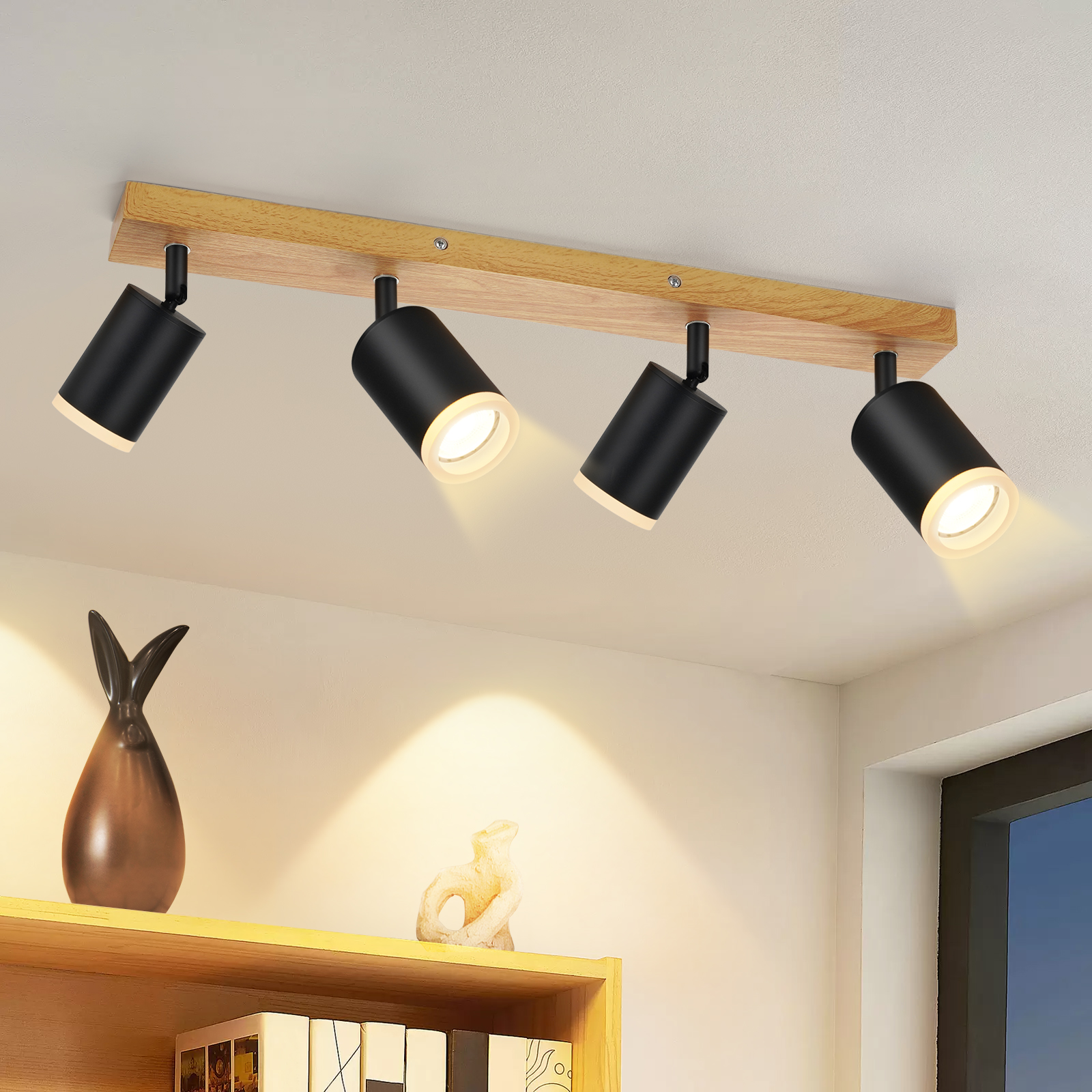 NETTLIFE - taklampa, takspotlight, 4 lågor, trätaklampa, GU10, 355° justerbar, svart, vintagestil, industriell