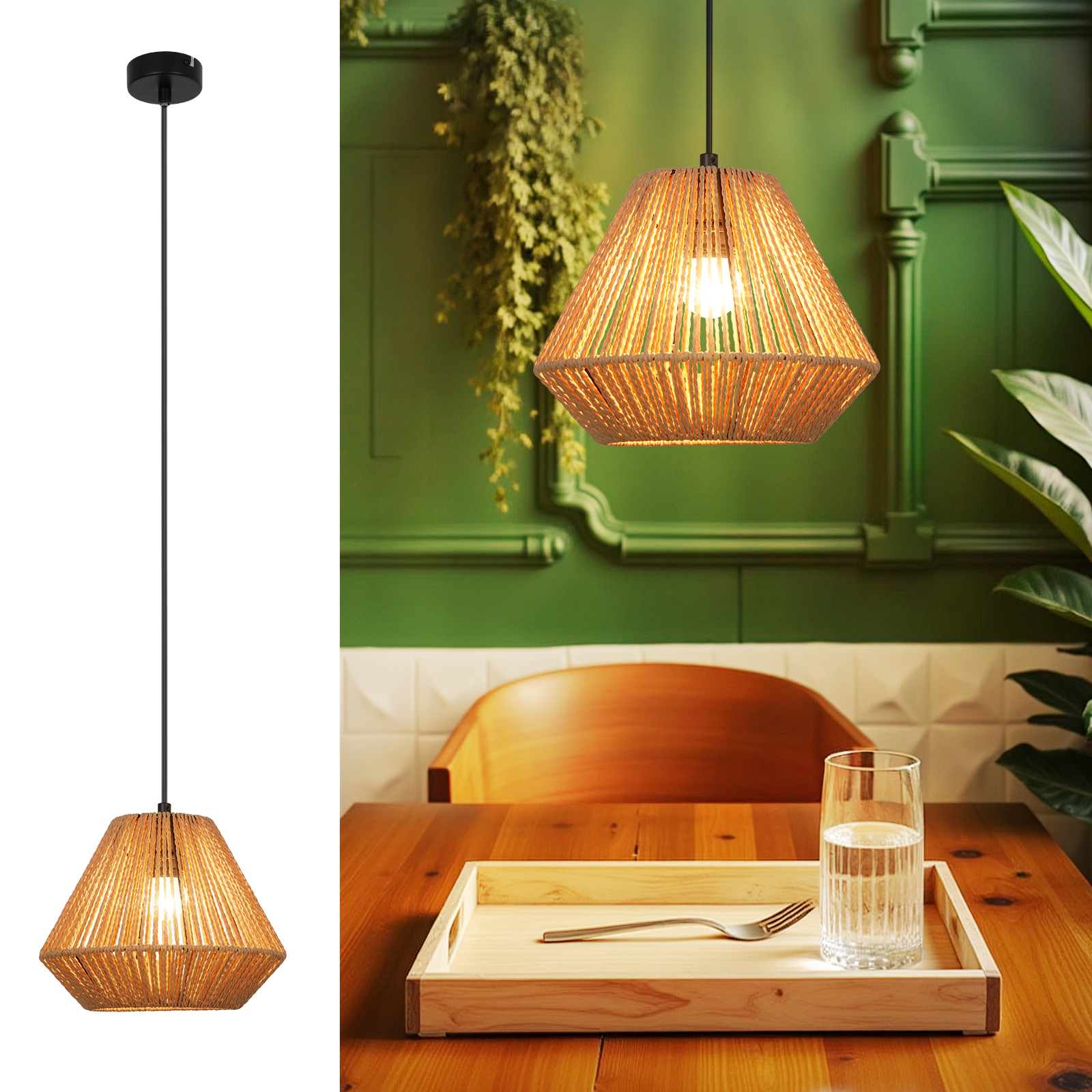 NETTLIFE Vintage - hängande lampa för matbordet, 1 ljuskälla, lykta med hamprepsmönster, E27 matlampa