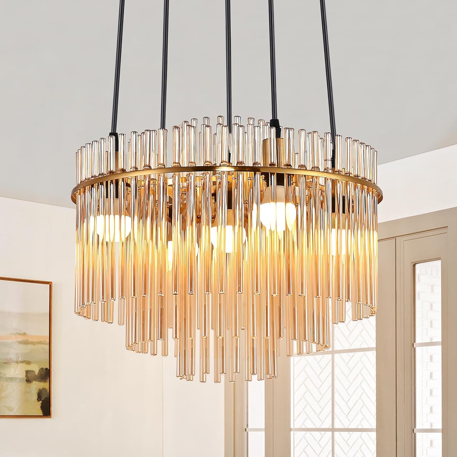NETTLIFE Modern guldfärgad pendellampa, glaspendellampa med 5 ljuskällor och E14-sockel, rund, 40 cm, för kök (utan glödlampor)