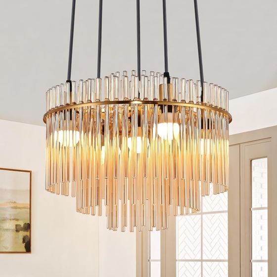 NETTLIFE Modern guldfärgad pendellampa, glaspendellampa med 5 ljuskällor och E14-sockel, rund, 40 cm, för kök (utan glödlampor)