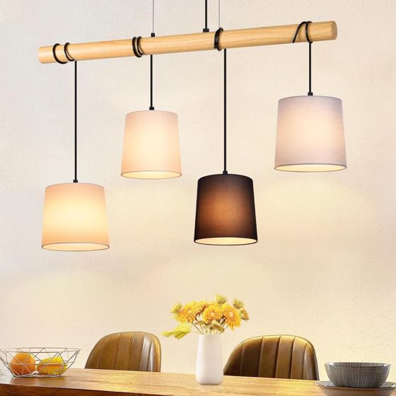 NETTLIFE - Pendellampa 4xE27, 80cm, Trä- och tygskärm, Vintage Multicolor för matsal och vardagsrum