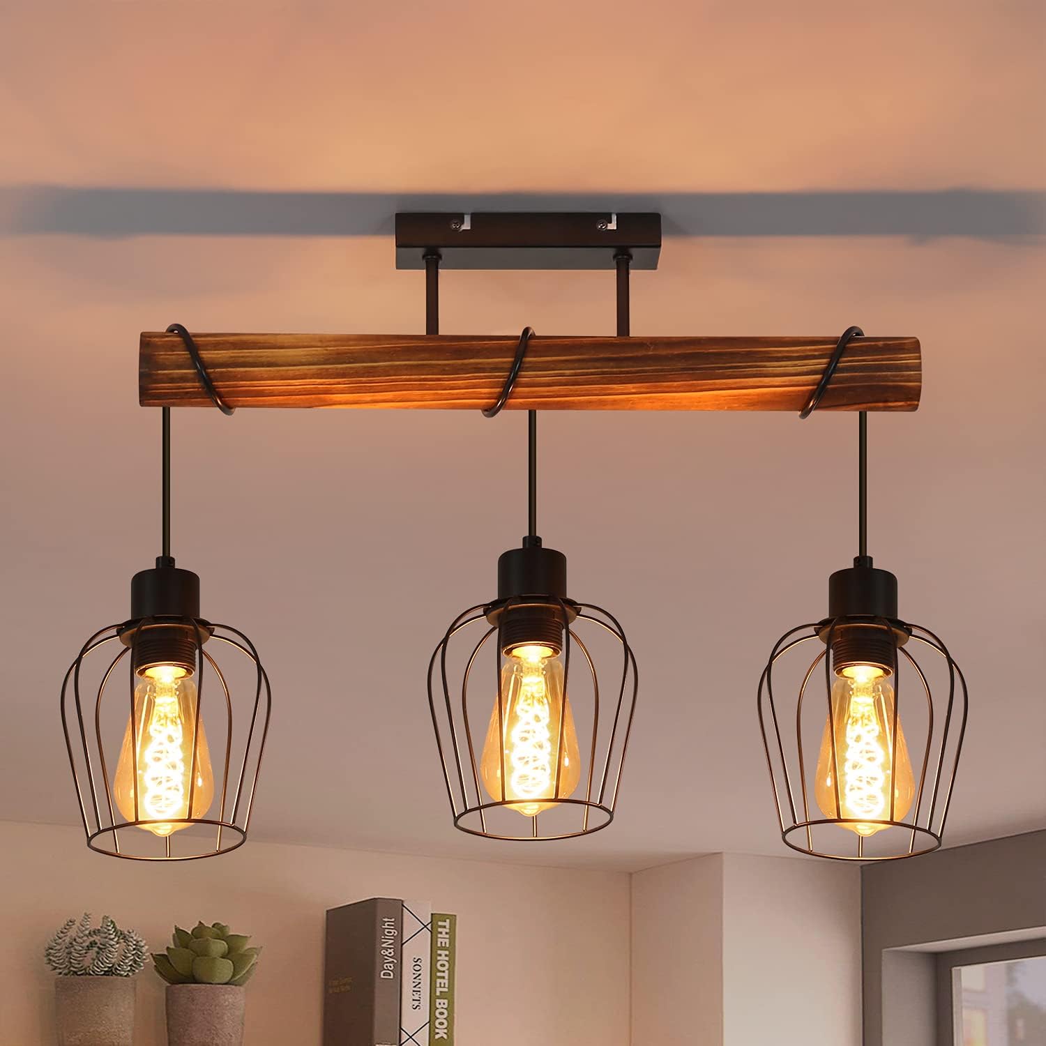 NETTLIFETaklampa, 3 spotlights, metall och svart, trä, E27-sockel Vintage - vardagsrumslampa, flammig, trä