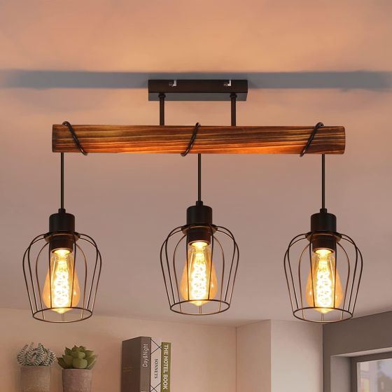 NETTLIFETaklampa, 3 spotlights, metall och svart, trä, E27-sockel Vintage - vardagsrumslampa, flammig, trä