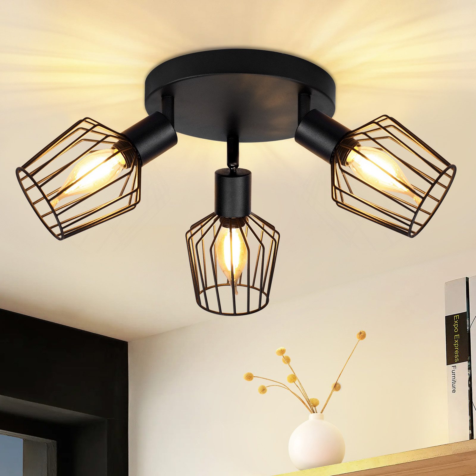 NETTLIFE 3 E14 - takspotlight - rund metall, 350° roterbar industriell halllampa, vägglampa för hall och vardagsrum, svart