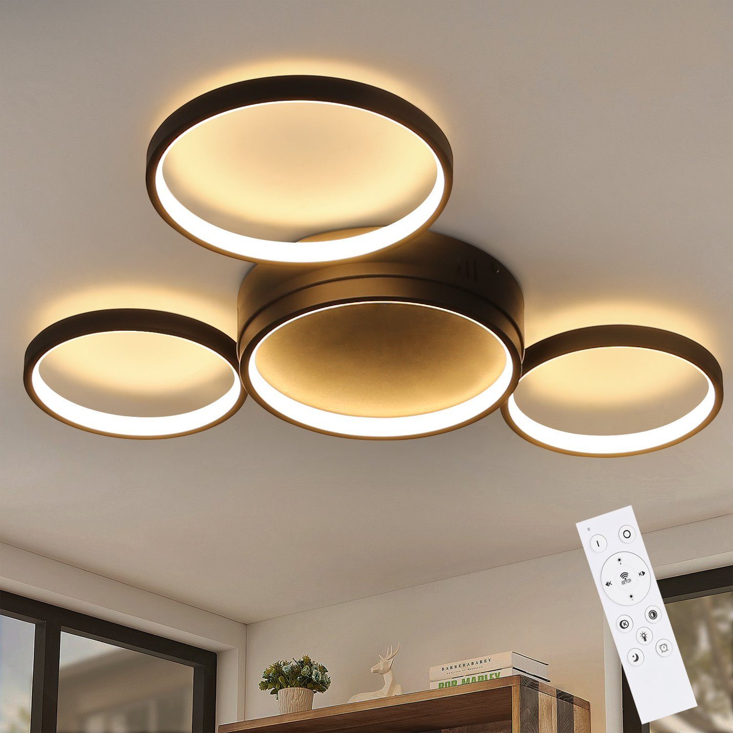 NETTLIFE svart LED-taklampa, dimbarMed fjärrkontroll, modern design, 4 ringar, 52W aluminium