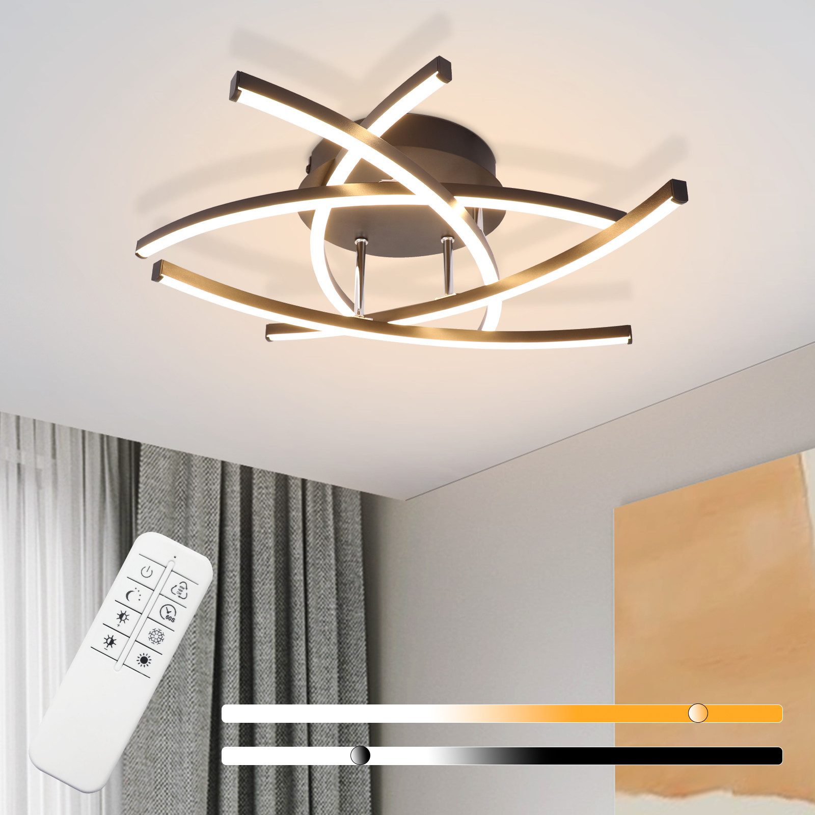 NETTLIFE LED - taklampa, för sovrum, svart, dimbar, 32w, modern, metall Med fjärrkontroll