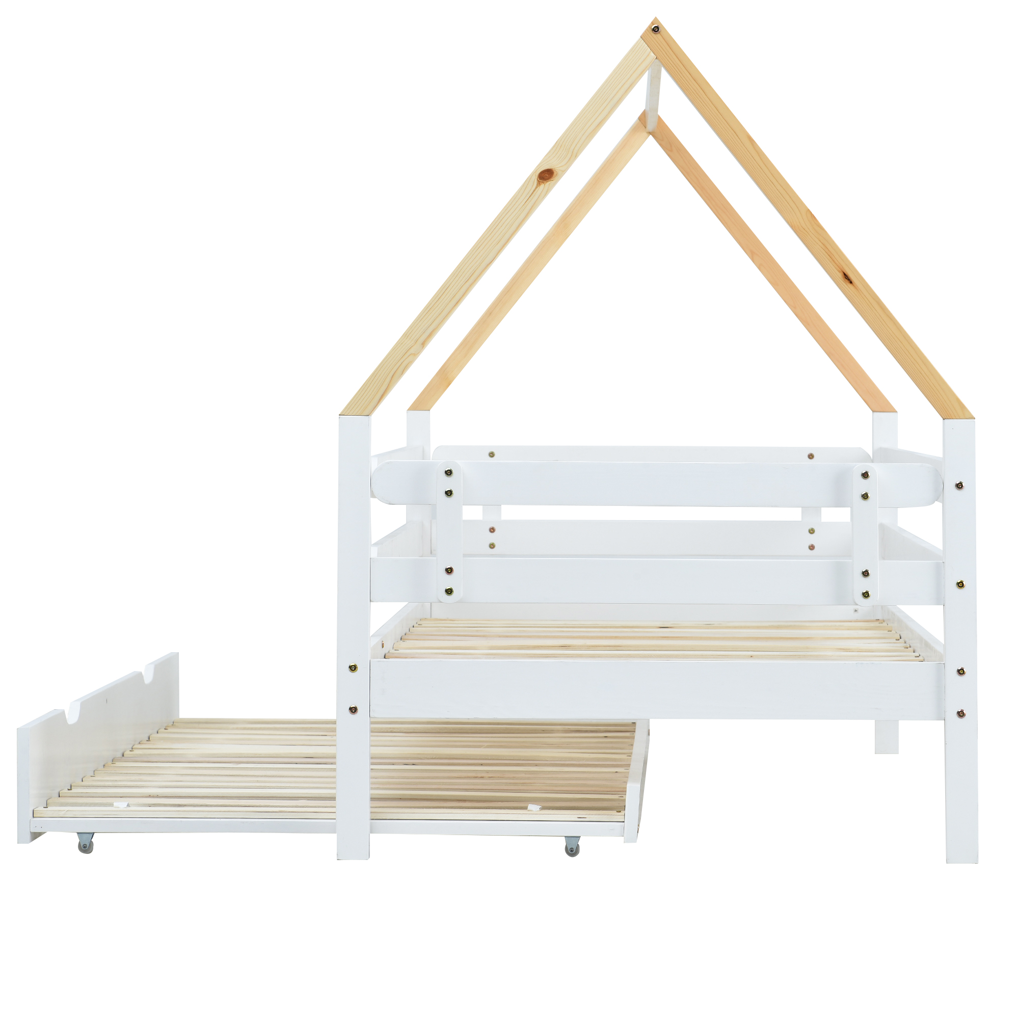 Barnsäng Trähus 90 x 200/190 cm, Vit, Hjul, Utdragbar